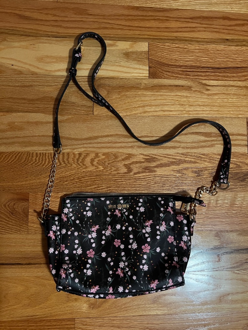Steve Madden Black Floral Crossbody with Pink Accents